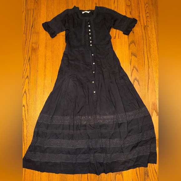 LoveShackFancy Black Cotton Edie Lace Short Sleeve Midi Shirt Dress Size Medium - Picture 7 of 9